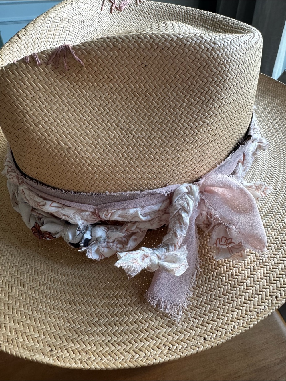 Vintage Straw Fedora Hat with Handmade Blush Band - Picture 5 of 16
